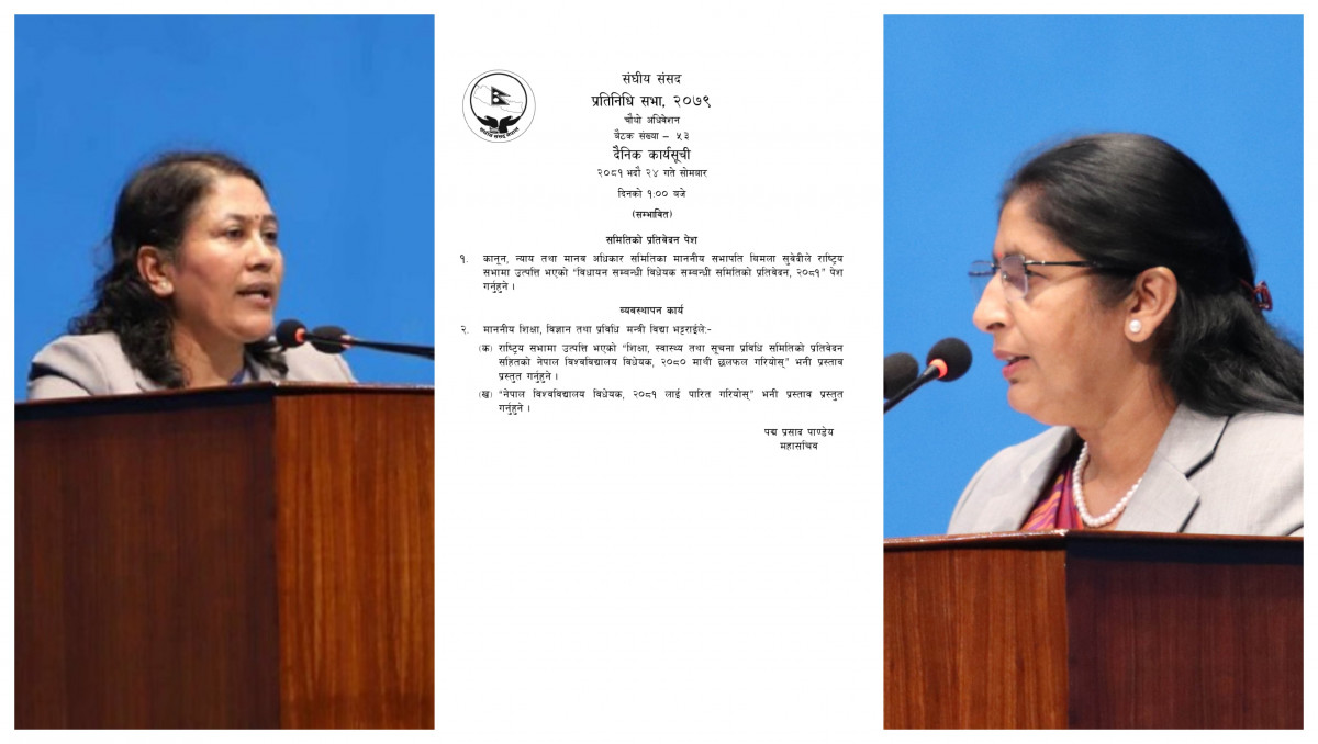 शिक्षामन्त्री विद्या भट्टराईले नेपाल विश्वविद्यालय विधेयक–२०८१ संसदमा प्रस्तुत गर्दै (कार्यसूचीसहित)